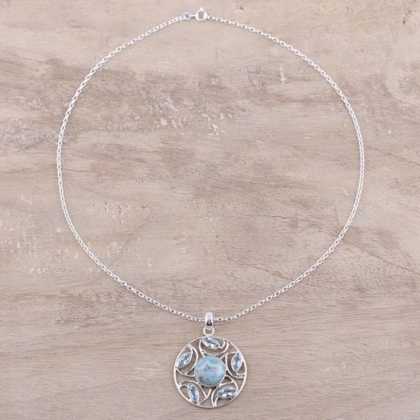 Alternate image for Sterling Silver Larimar Blue Topaz Round Pendant Necklace Blue Wheel