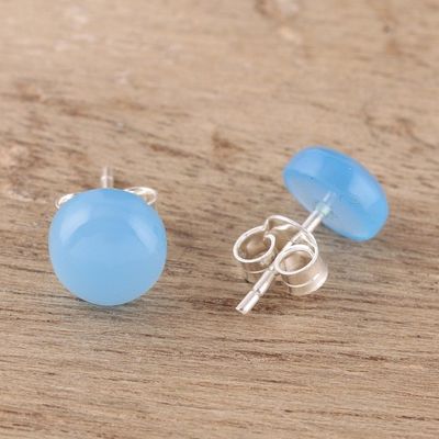 Alternate image for Round Blue Chalcedony Stud Earrings from India Gemstone Orbs