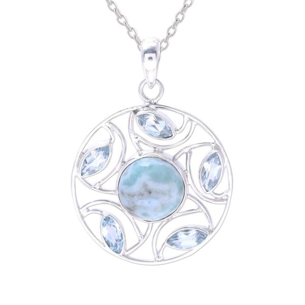 Alternate image for Sterling Silver Larimar Blue Topaz Round Pendant Necklace Blue Wheel
