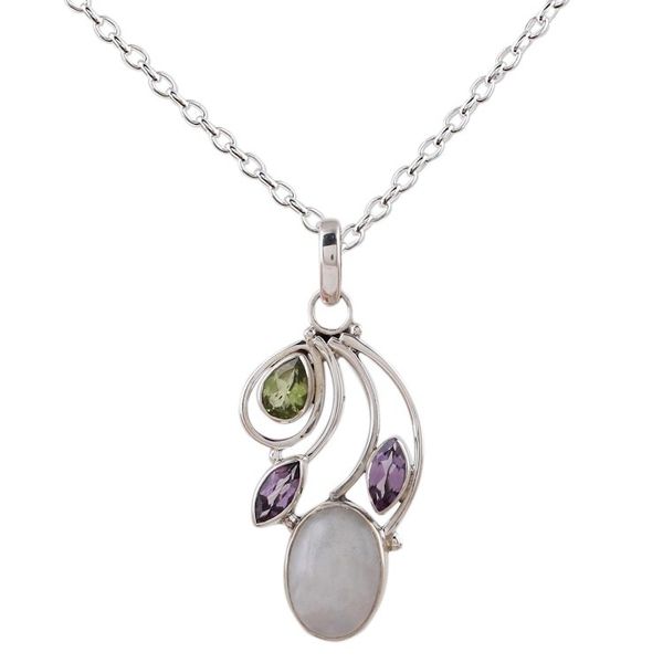 Alternate image for Multi-Gem Peridot Amethyst and Rainbow Moonstone Necklace Majestic Harmony