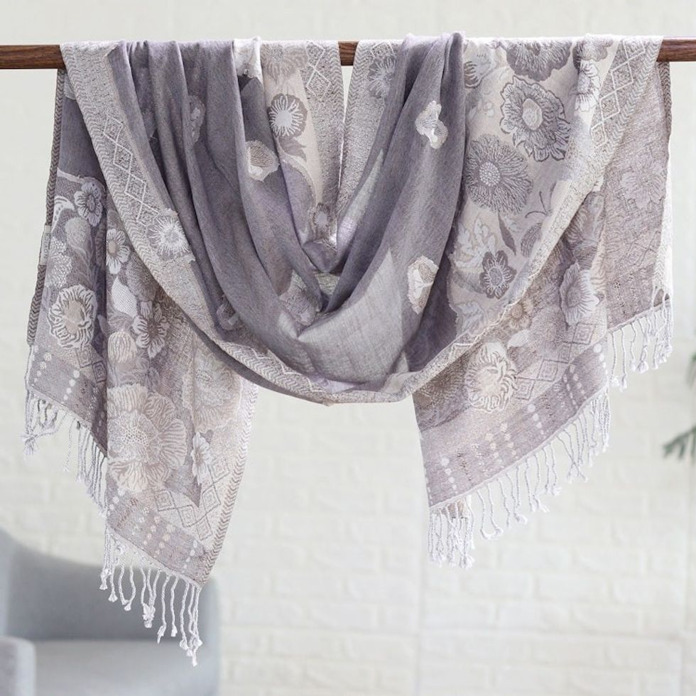 Cotton Wool Shawl with Floral Pattern Woven in India 'Bloom Charm in Grey'