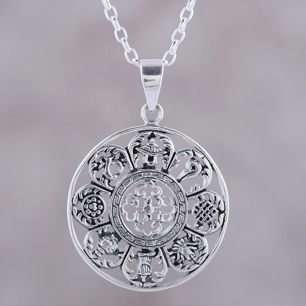 Ashtamangala Motifs Sterling Silver Pendant Necklace 'Sacred Eight'
