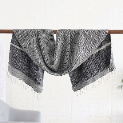 Alternate image for Patterned Black  White 100 Silk Scarf Hand-woven in India Magic