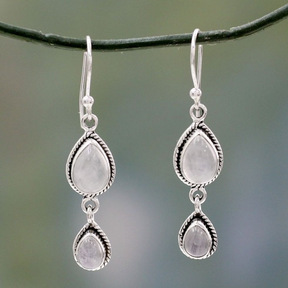 Rainbow Moonstone Fair Trade Earrings with Sterling Silver 'Misty Teardrops'