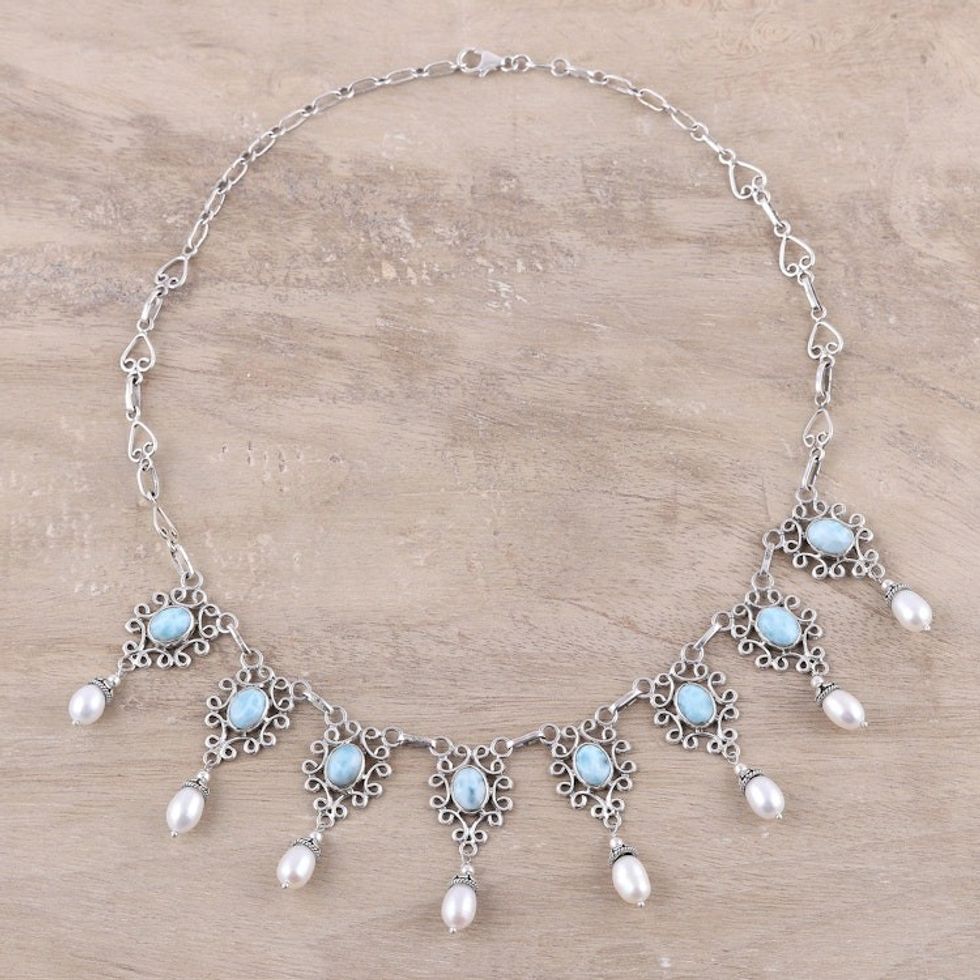 Sterling Silver Cultured Pearl and Larimar Necklace 'Ocean Halo'