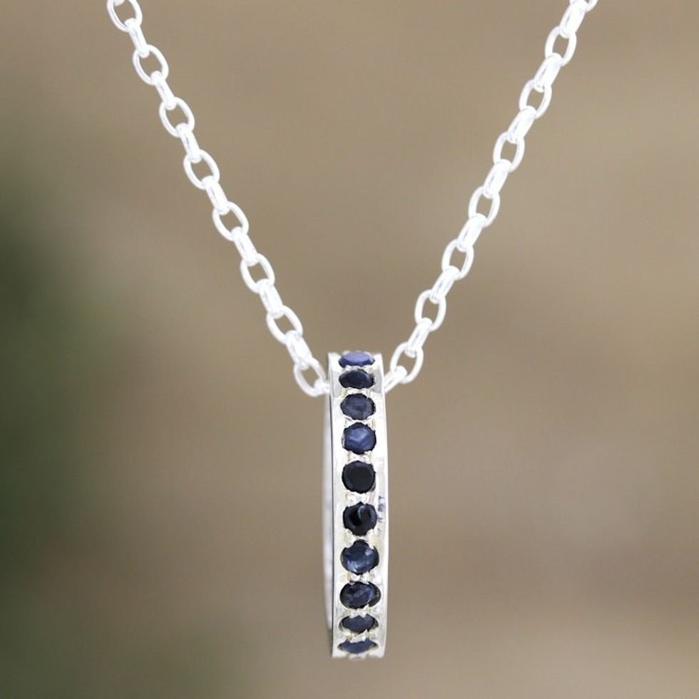 Artisan Crafted Blue Sapphire Rhodium Plated Silver Necklace 'Circle of Love'