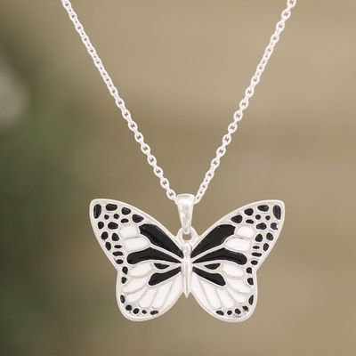 Alternate image for Black and White Sterling Silver Butterfly Pendant Necklace Butterfly Hope