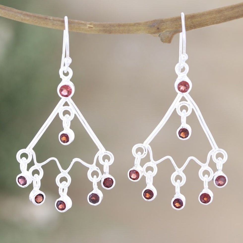 Sterling Silver Chandelier Earrings with Natural Garnet Gems 'Red Caresses'
