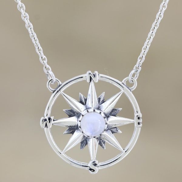 Alternate image for Rainbow Moonstone and Sterling Silver Pendant Necklace Misty Compass