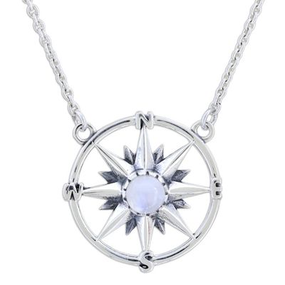 Alternate image for Rainbow Moonstone and Sterling Silver Pendant Necklace Misty Compass