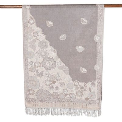 Alternate image for Cotton  Wool Shawl with Floral Pattern Woven in India Bloom Charm in Grey