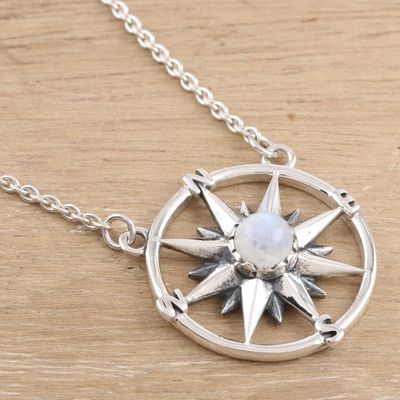 Alternate image for Rainbow Moonstone and Sterling Silver Pendant Necklace Misty Compass