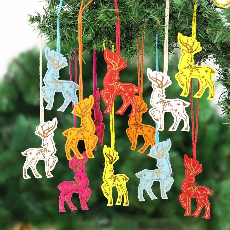 Embroidered Wool Reindeer Holiday Ornaments Set of 12 'Reindeer Dance'