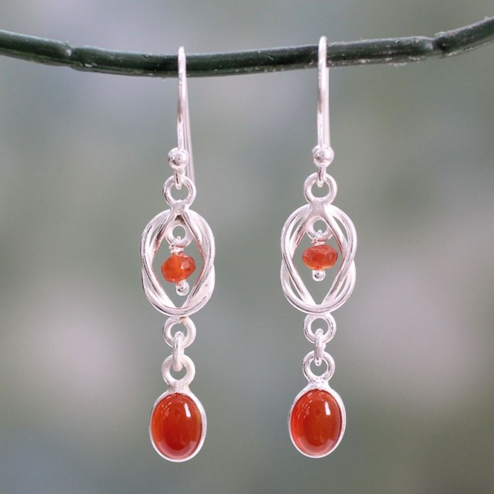 Artisan Crafted Sterling Silver and Red Onyx Dangle Earrings 'Festive Knot'