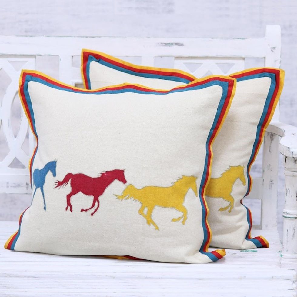 Horse Themed Cotton Cushion Covers from India Pair 'Post Time'