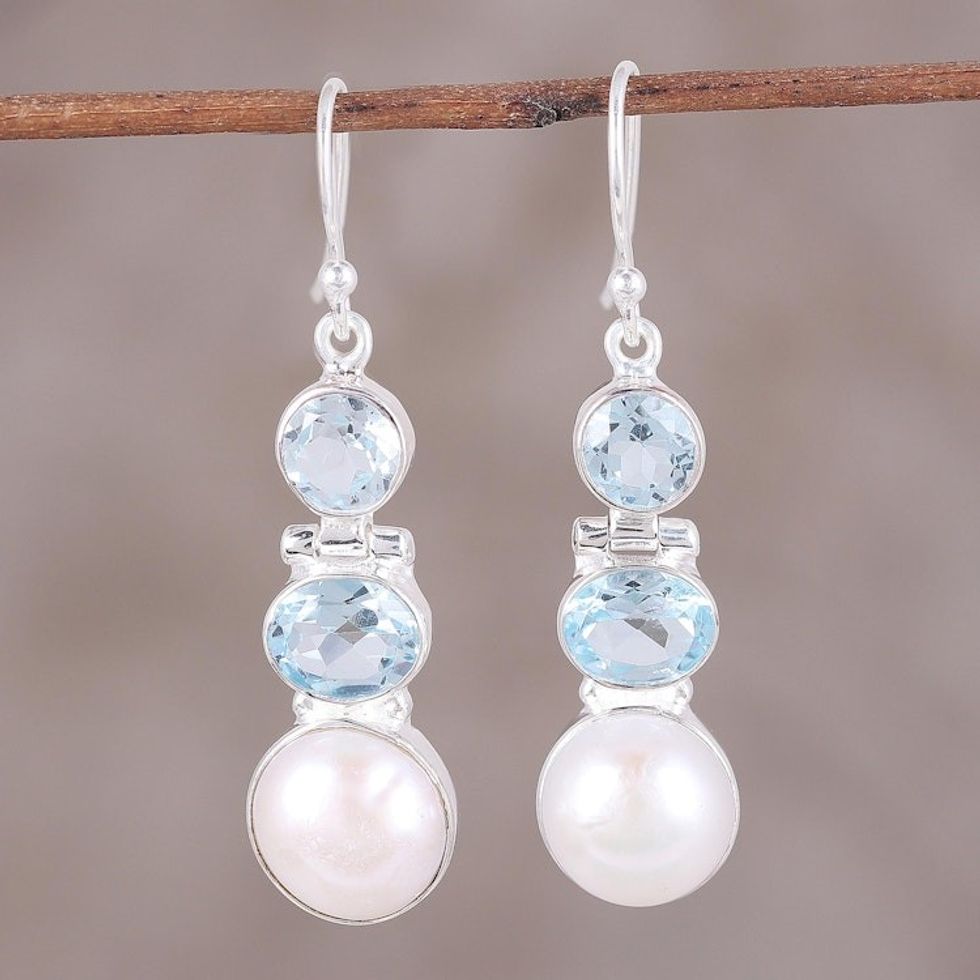 Blue Topaz and Cultured Pearl Dangle Earrings from India 'Dance in the Clouds'