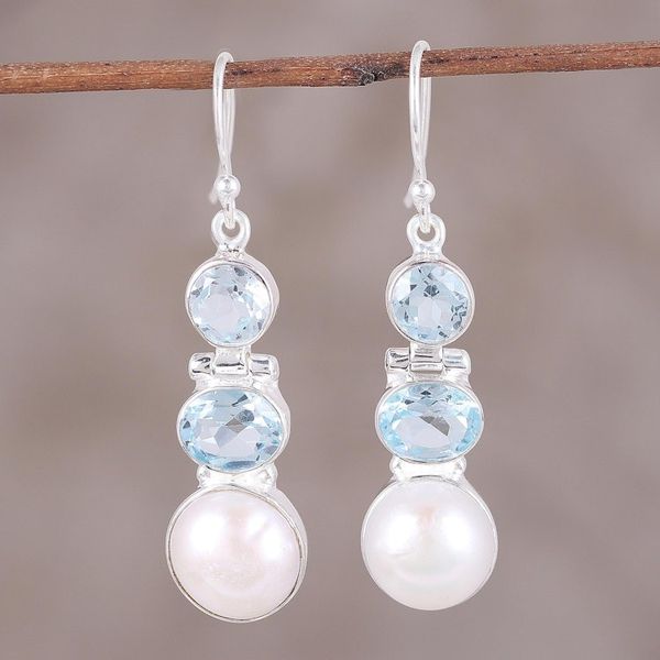 Alternate image for Blue Topaz and Cultured Pearl Dangle Earrings from India Dance in the Clouds
