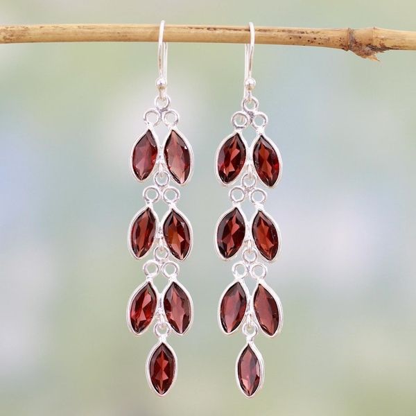 Alternate image for Garnet and Sterling Silver Dangle Earrings from India Sparkling Red Leaves