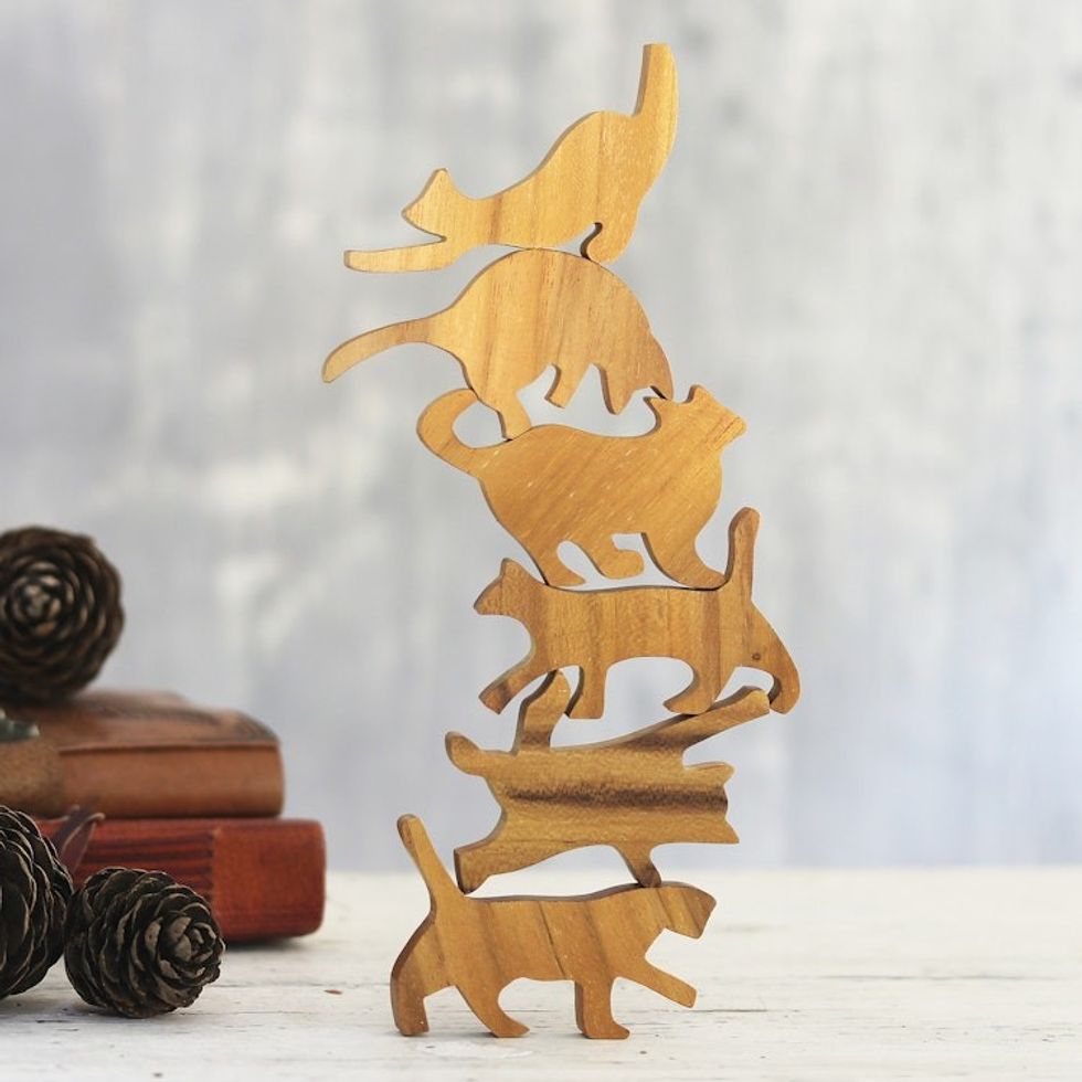 Hand Carved Teak Wood Cat-Themed Stacking Game 6 Pieces 'Ninja Cats'