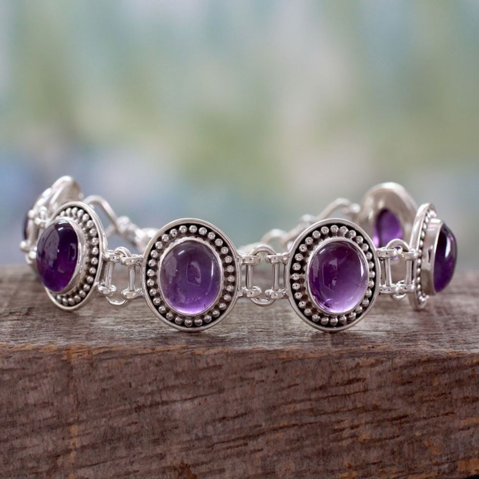 Sterling Silver and Amethyst Link Bracelet from India 'Lilac Garland'