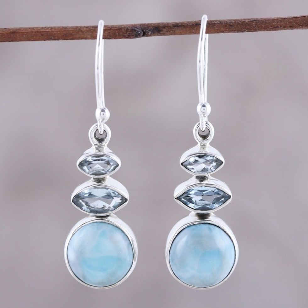 Larimar and Blue Topaz Dangle Earrings from India 'Peaceful Dazzle'