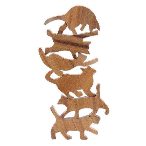 Alternate image for Hand Carved Teak Wood Cat-Themed Stacking Game 6 Pieces Ninja Cats
