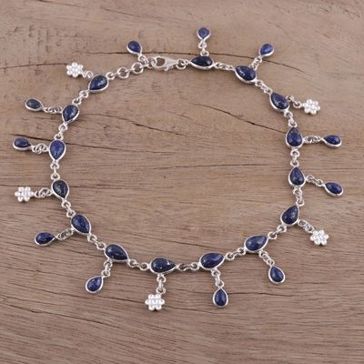 Alternate image for Handmade Lapis Lazuli and Sterling Silver Anklet from India Tidal Luster