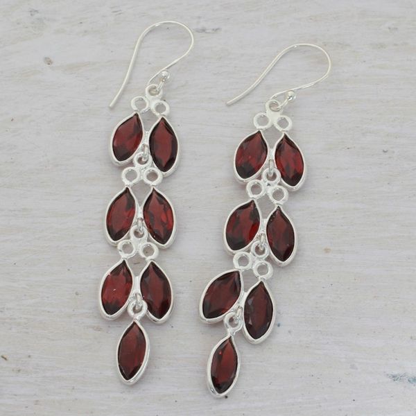 Alternate image for Garnet and Sterling Silver Dangle Earrings from India Sparkling Red Leaves