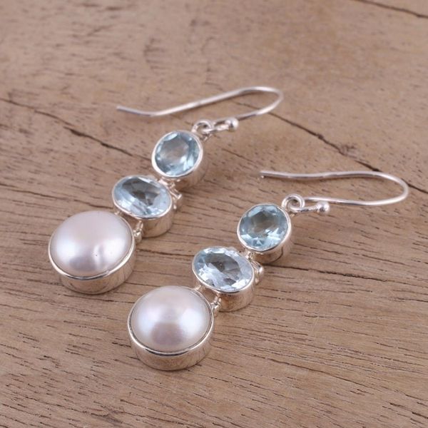 Alternate image for Blue Topaz and Cultured Pearl Dangle Earrings from India Dance in the Clouds