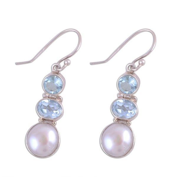 Alternate image for Blue Topaz and Cultured Pearl Dangle Earrings from India Dance in the Clouds