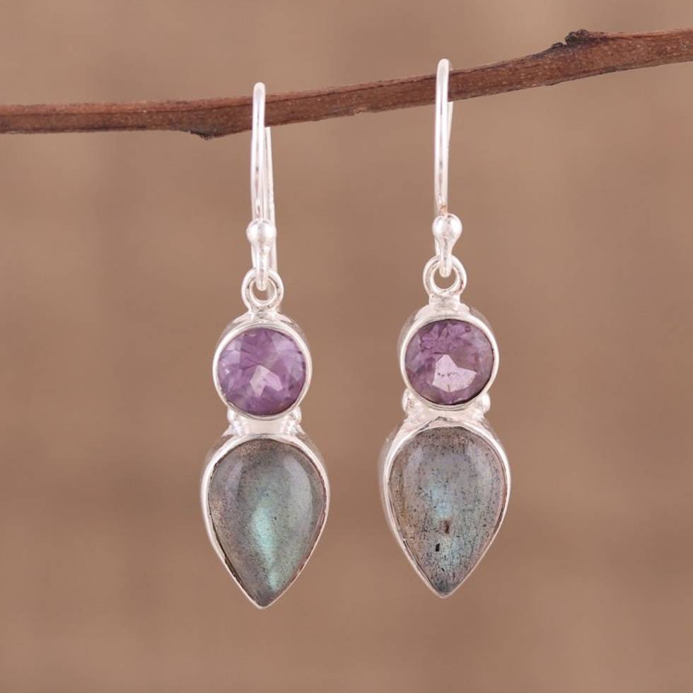 Labradorite and Amethyst Dangle Earrings from India 'Dazzling Alliance'