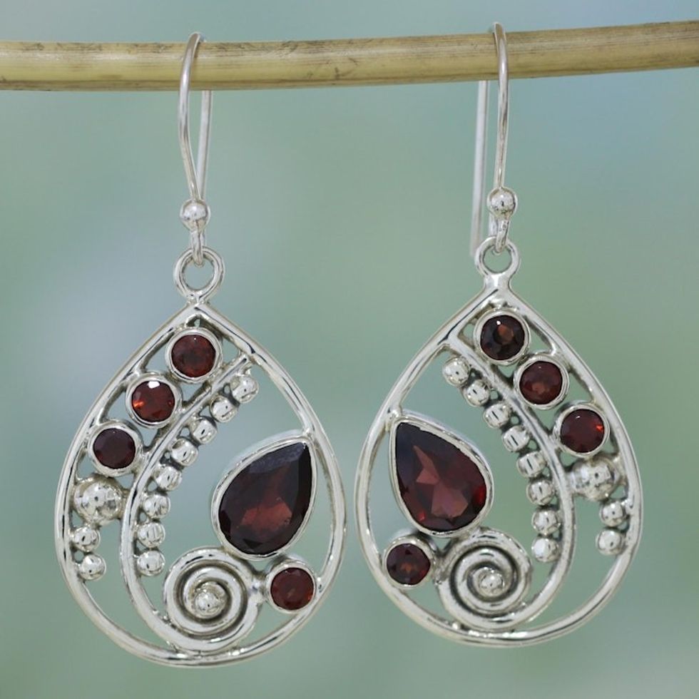 Garnet and Sterling Silver Dangle Earrings from India 'Scarlet Dew'