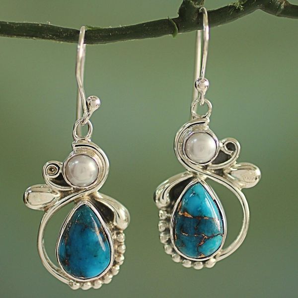 Alternate image for Silver 925 Cultured Pearl and Composite Turquoise Earrings Joyous Blue Sky