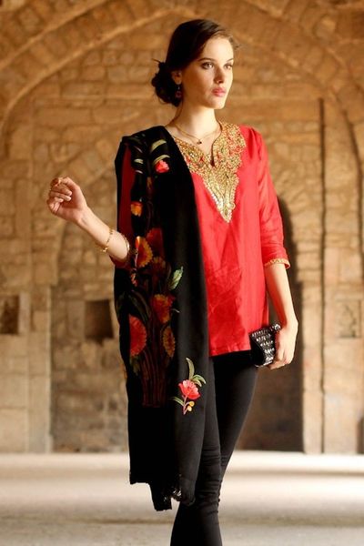 Alternate image for Woven Black Wool Shawl with Multicolor Floral Embroidery Midnight Garden