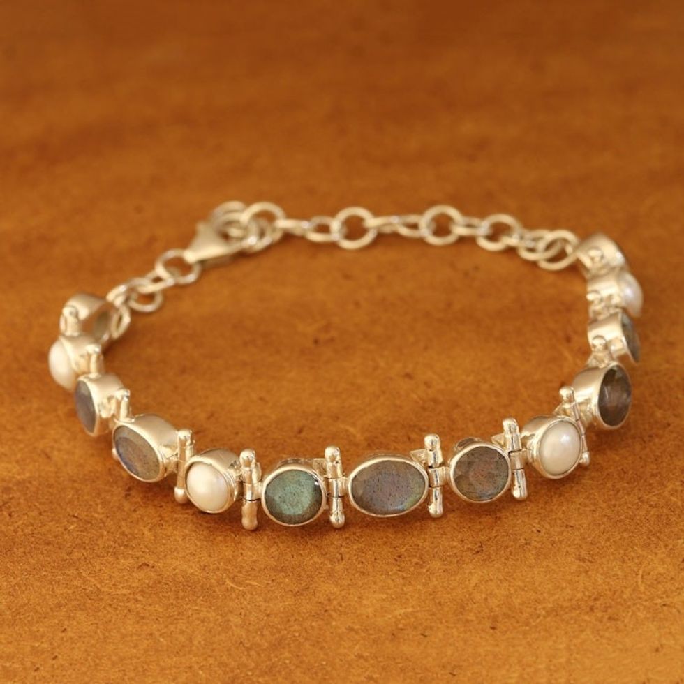 Labradorite and Cultured Pearl Link Bracelet from India 'Pure Charm'