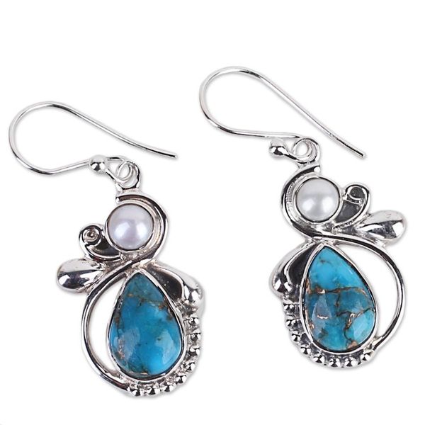 Alternate image for Silver 925 Cultured Pearl and Composite Turquoise Earrings Joyous Blue Sky