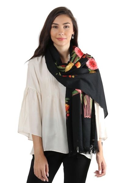Alternate image for Woven Black Wool Shawl with Multicolor Floral Embroidery Midnight Garden