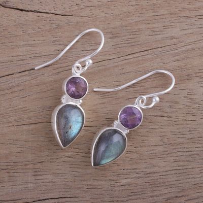 Alternate image for Labradorite and Amethyst Dangle Earrings from India Dazzling Alliance