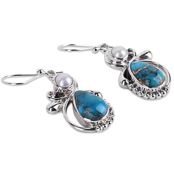 Alternate image for Silver 925 Cultured Pearl and Composite Turquoise Earrings Joyous Blue Sky