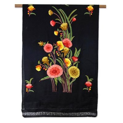 Alternate image for Woven Black Wool Shawl with Multicolor Floral Embroidery Midnight Garden