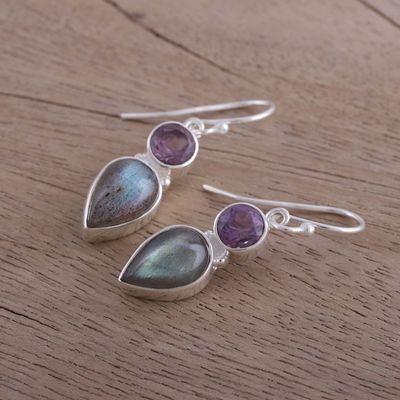 Alternate image for Labradorite and Amethyst Dangle Earrings from India Dazzling Alliance