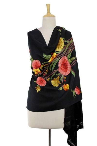 Alternate image for Woven Black Wool Shawl with Multicolor Floral Embroidery Midnight Garden