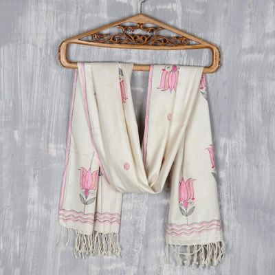Alternate image for Hand Painted Lotus-Themed Silk Scarf from India Lotus Peace in Pink