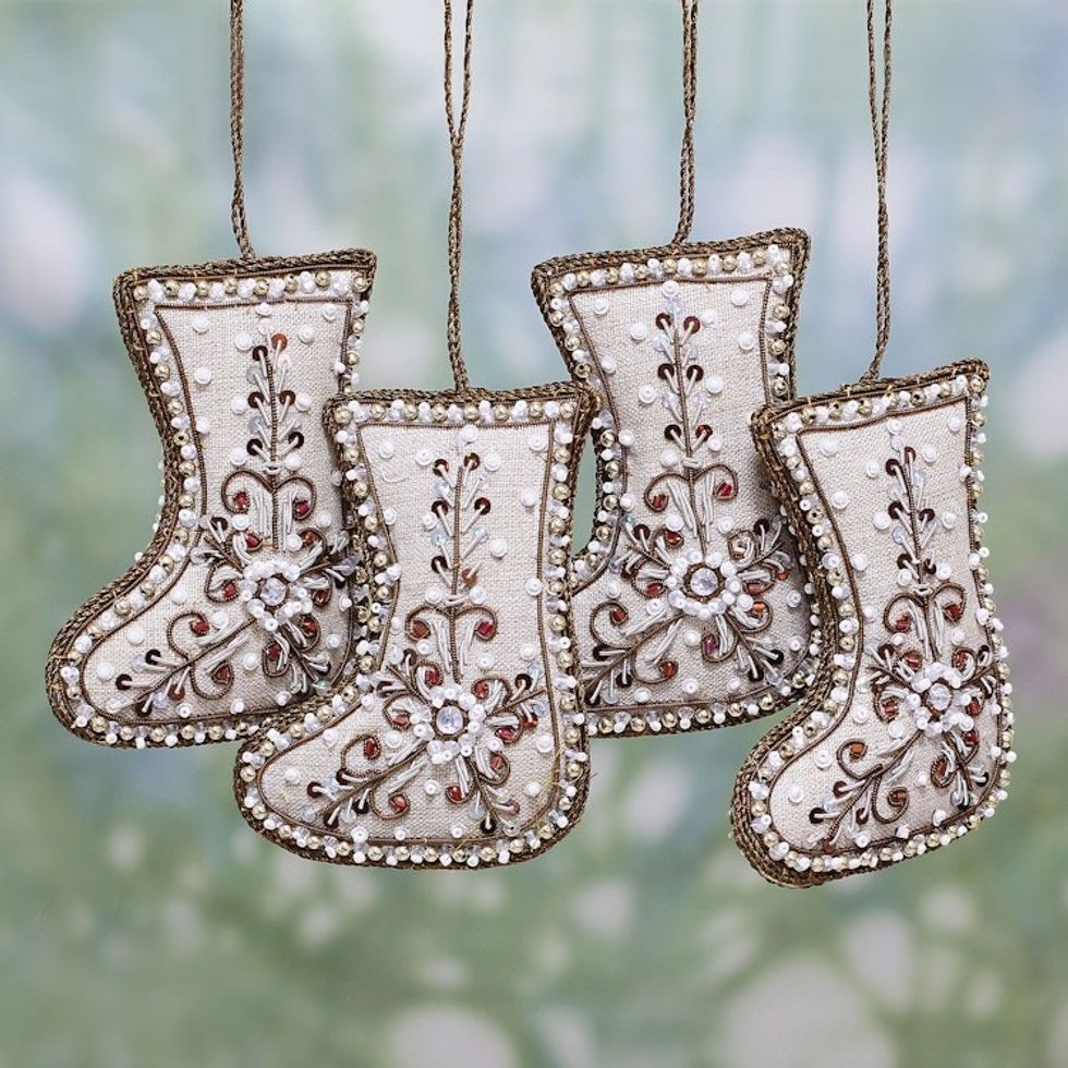 Set of Four Beaded Cotton Stocking Ornaments from India 'Celebration Stockings'