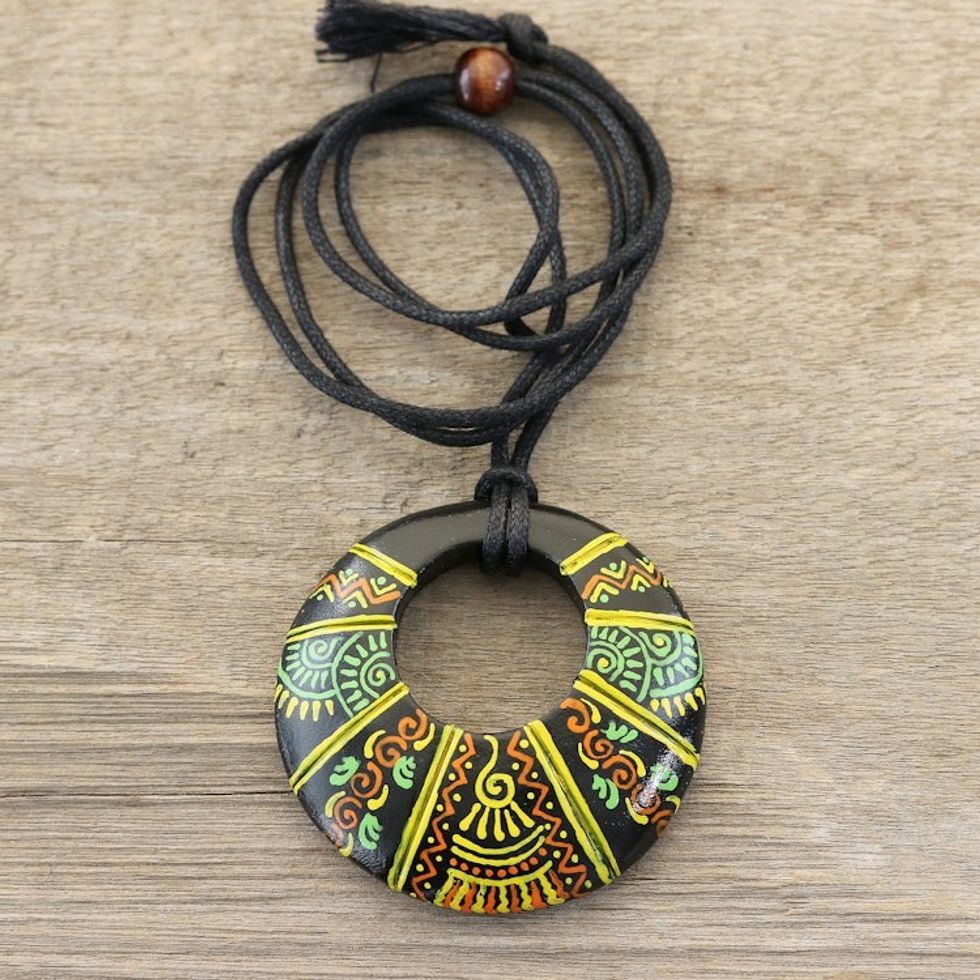 Madhubani-Style Ceramic Pendant Necklace from India 'Madhubani Glory'