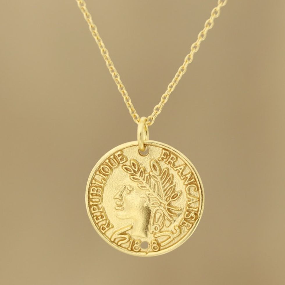 Vintage French Coin Gold Plated Sterling Silver Necklace 'Vintage Coin'