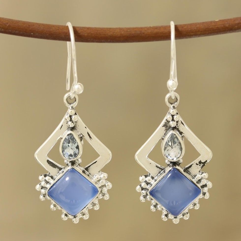 Chalcedony and Blue Topaz Dangle Earrings from India 'Blue Creativity'