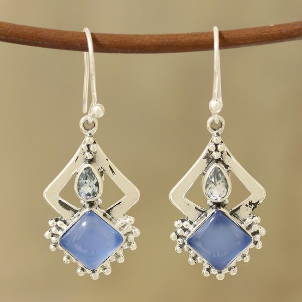 Alternate image for Chalcedony and Blue Topaz Dangle Earrings from India Blue Creativity
