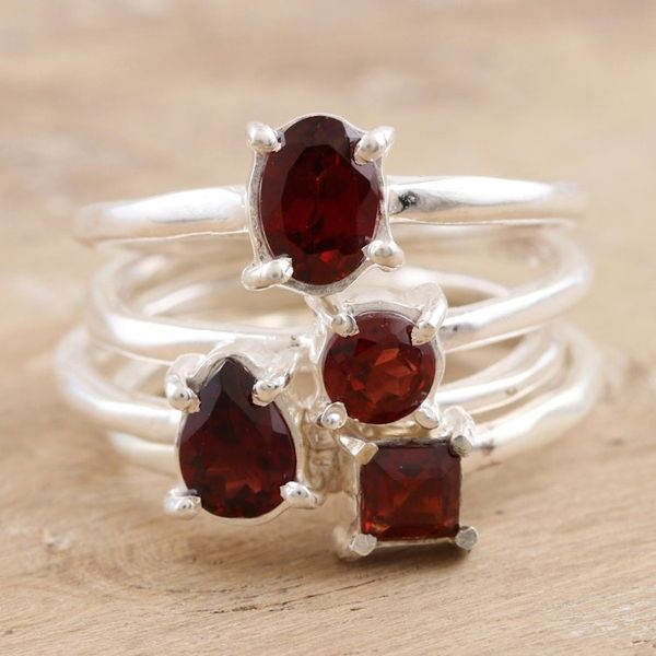 Alternate image for Garnet and Sterling Silver Stacking Rings Set of 4 Fiery Foursome
