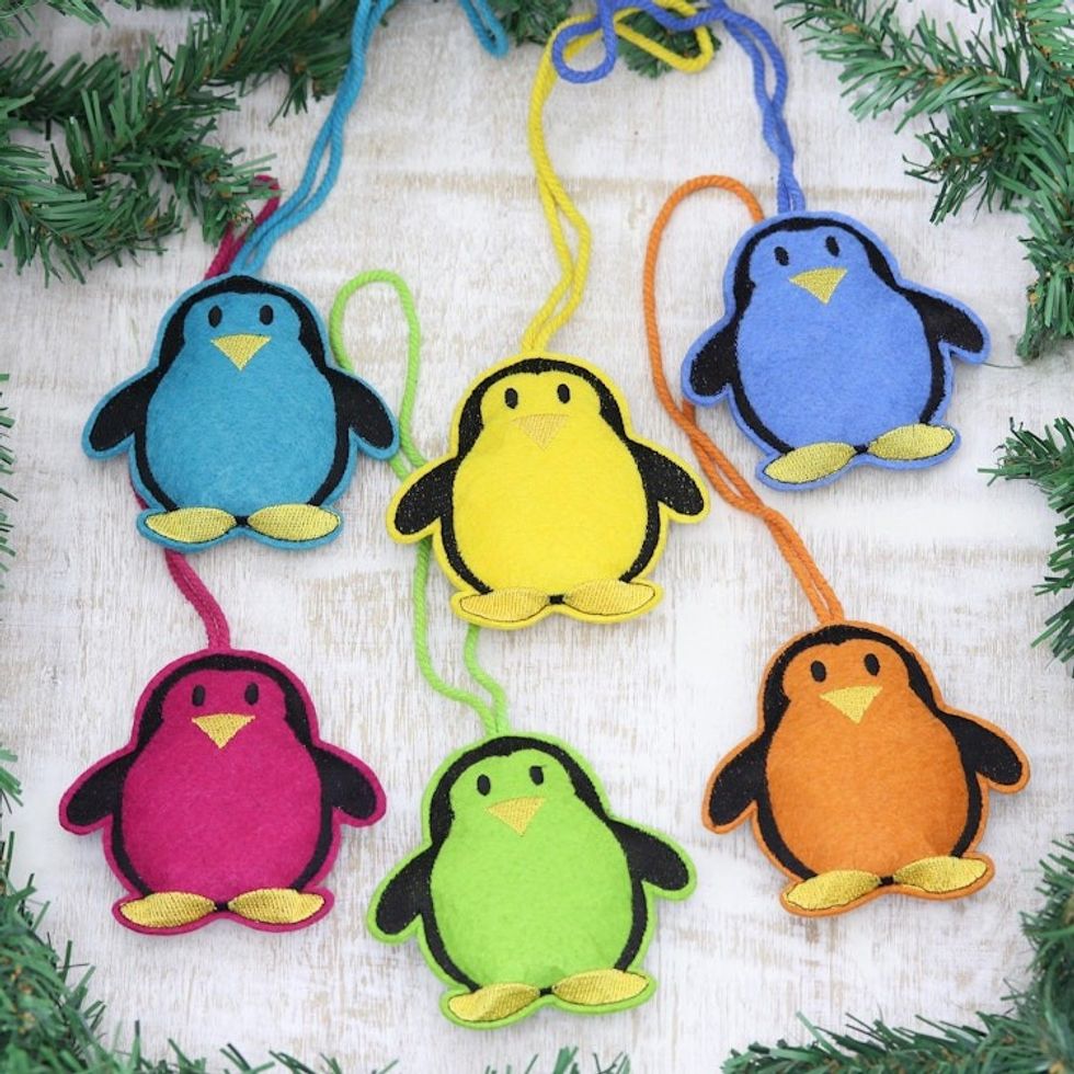 Assorted Wool Penguin Ornaments from India Set of 6 'Fascinating Penguins'